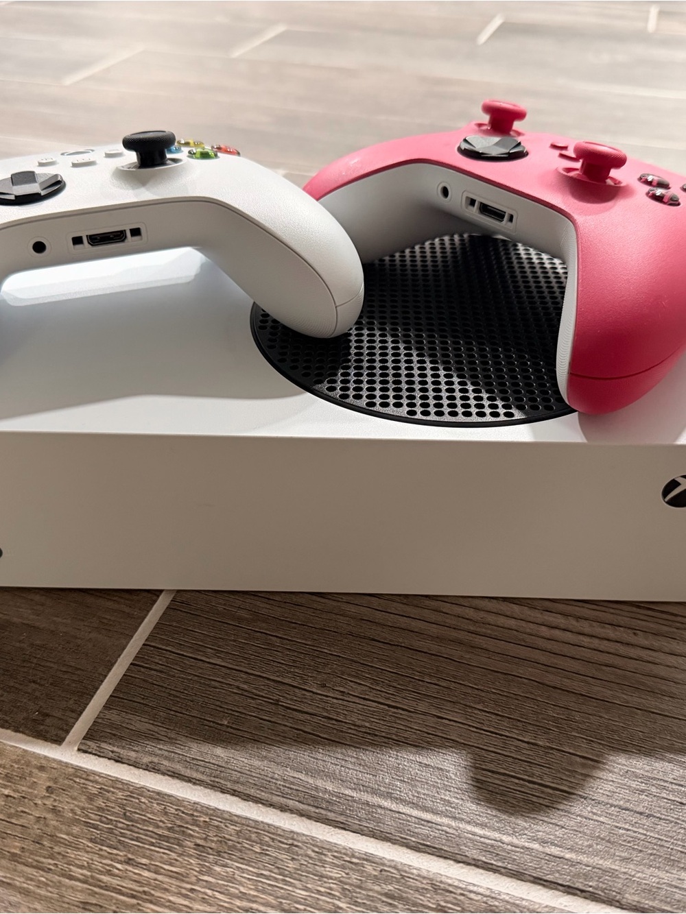 White Console Bundle with White and Pink Wireless Controllers